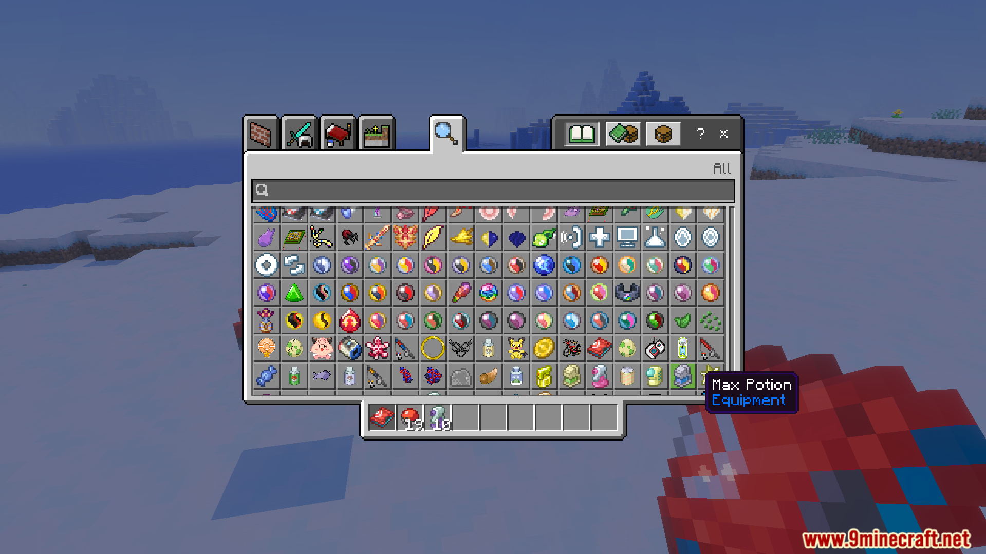 Bedrockmon Addon Screenshot 8 Creative inventory menu showing various items from the Bedrockmon Addon