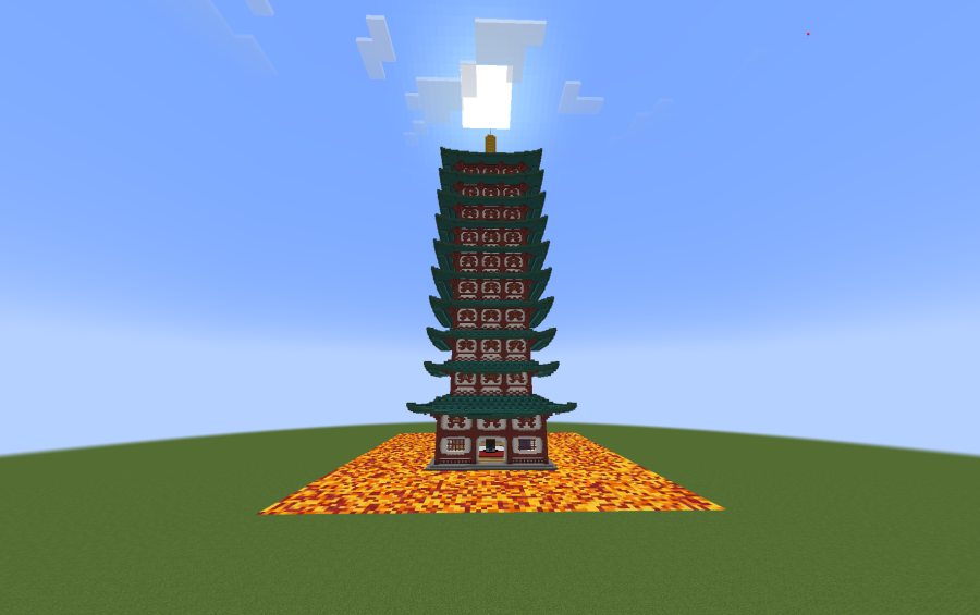 Bell Tower Johto Schematic Screenshots 1 Front view of a giant multi story pagoda building under a bright sky