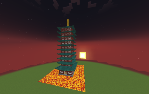 A tall traditional Japanese pagoda standing on a bed of autumn leaves at sunset