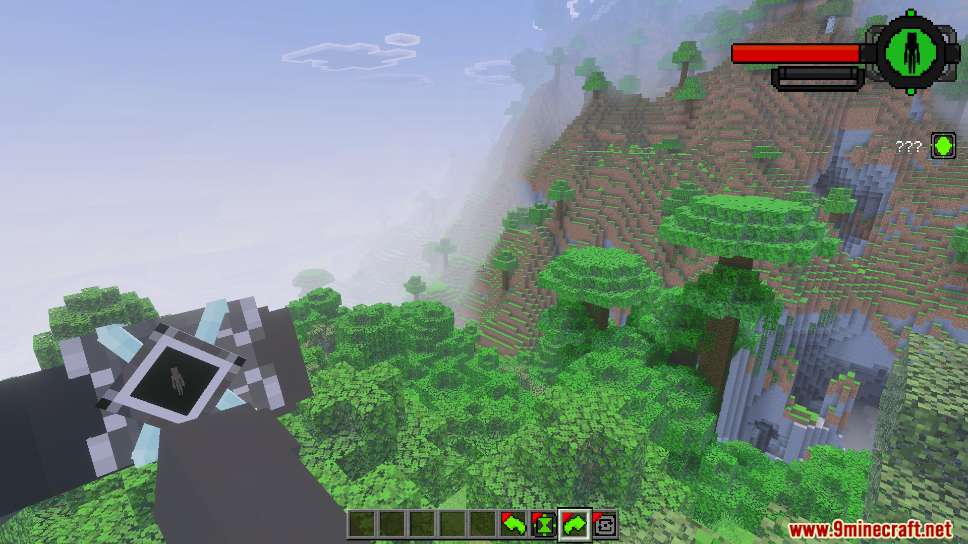 Ben 10 Ultimate Addon Screenshot 3 Player viewing a forested landscape with a custom watch interface