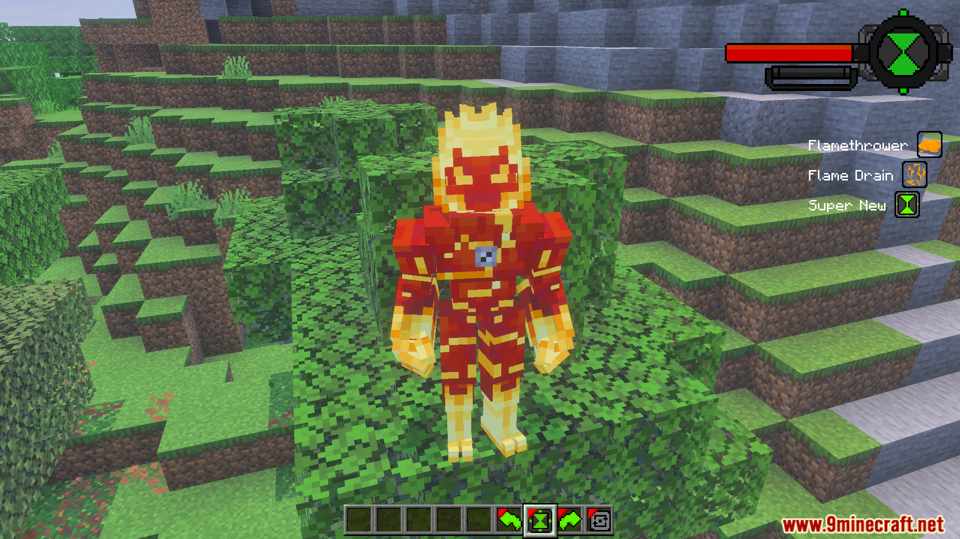 Ben 10 Ultimate Addon Screenshot 5 Player transformed into Heatblast alien standing on leaves with custom UI