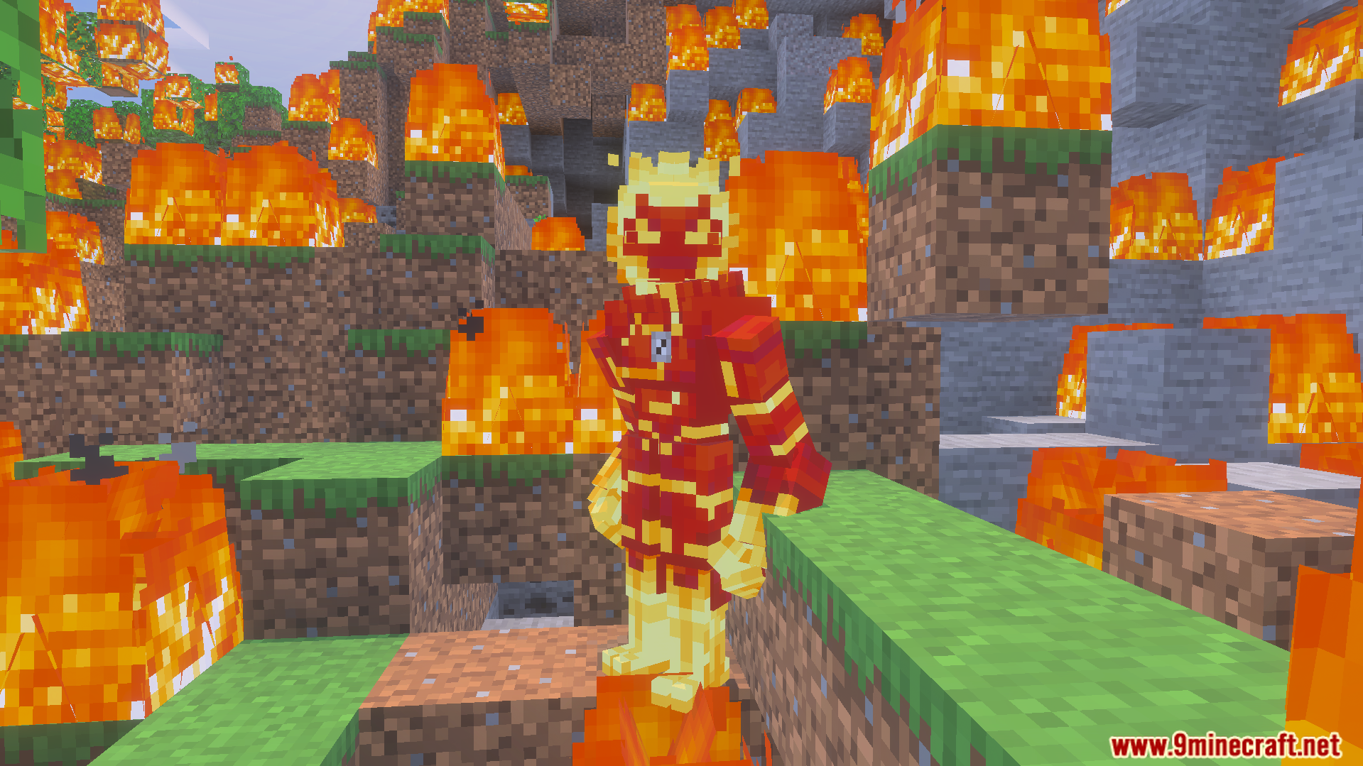 Ben 10 Ultimate Addon Screenshot 7 Player uses Omnitrix to transform into Heatblast alien in the world
