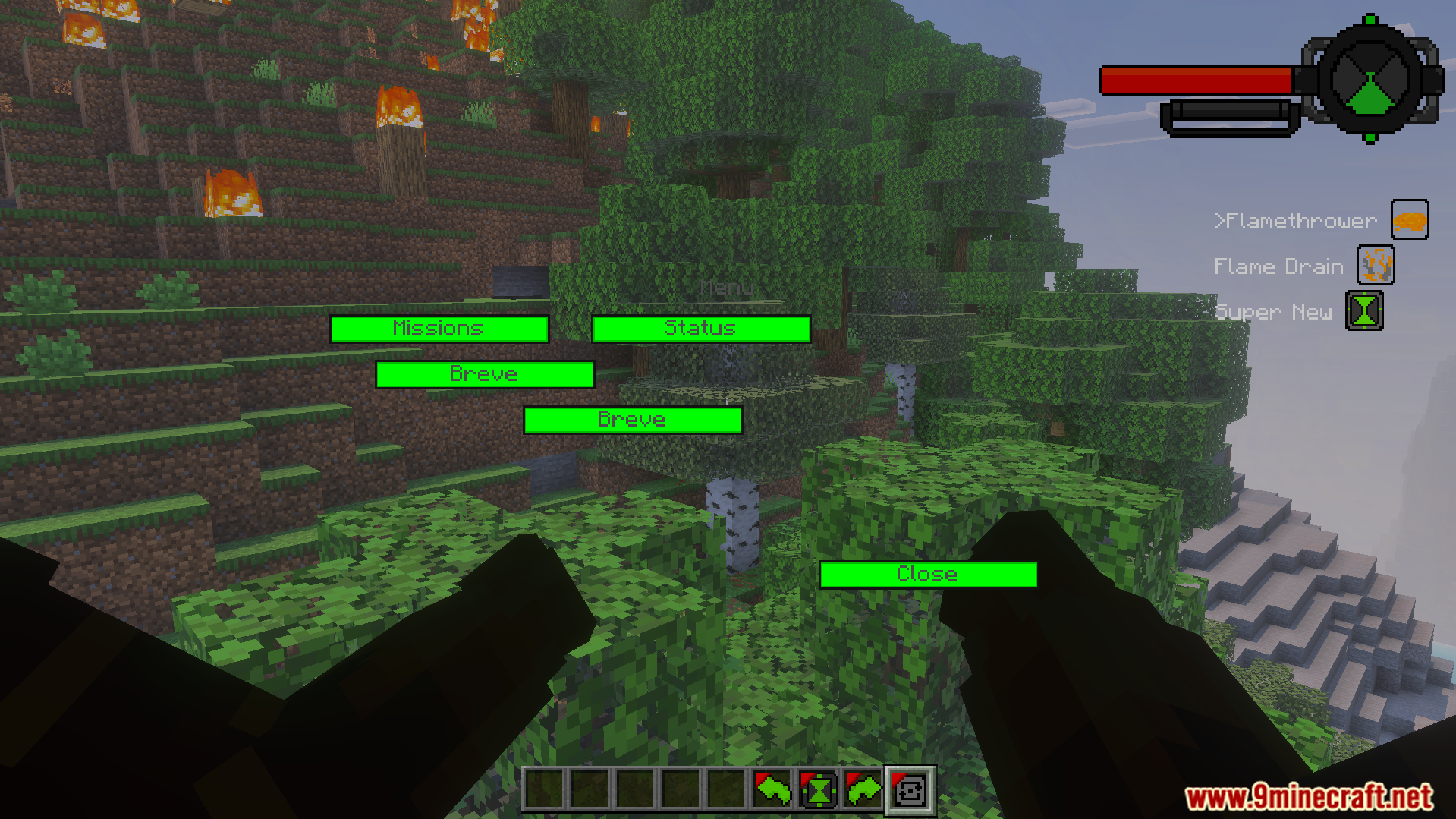 Ben 10 Ultimate Addon Screenshot 9 Player using Omnitrix menu with green buttons in forest