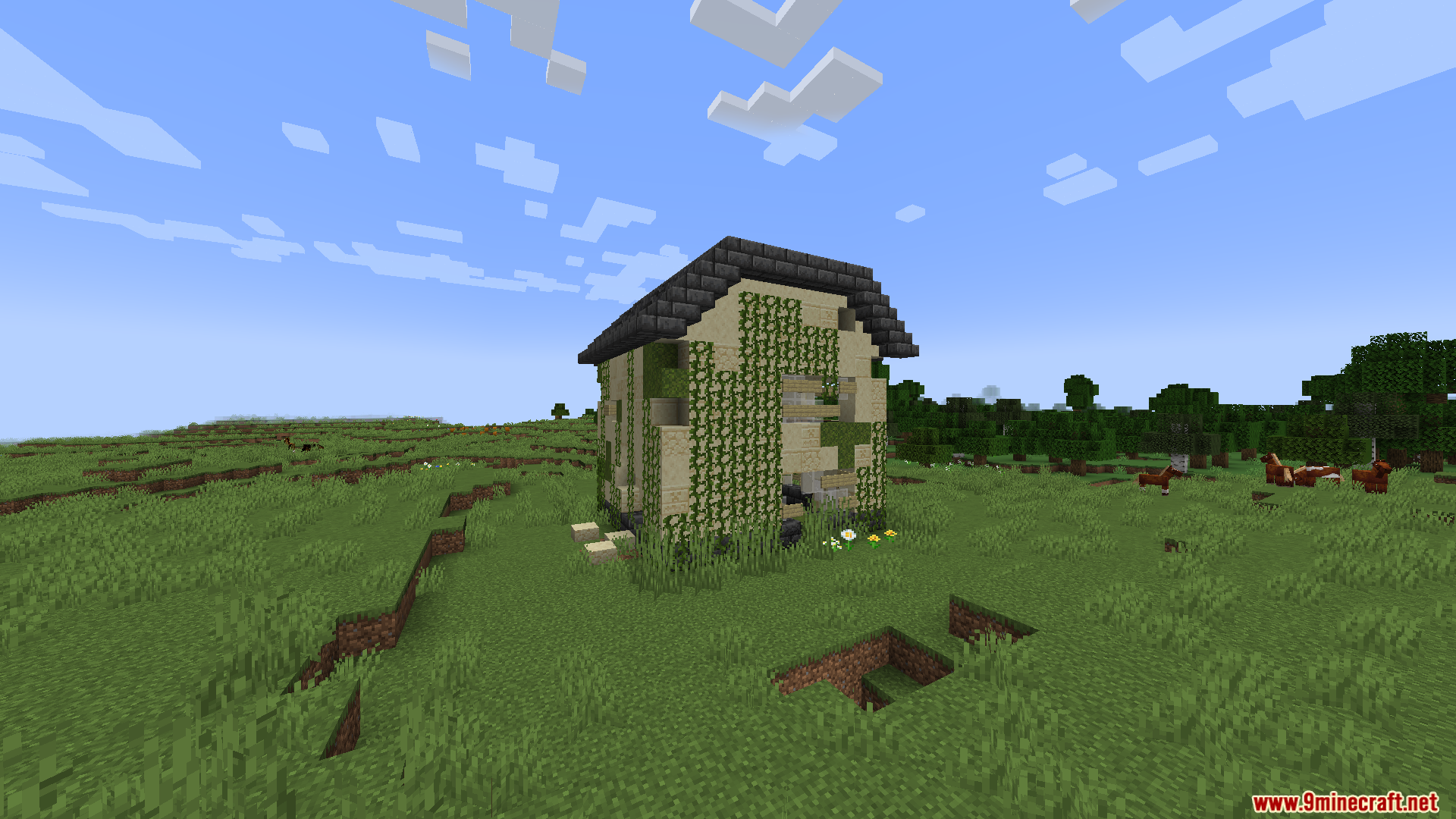 An abandoned house structure in a grassy plains biome
