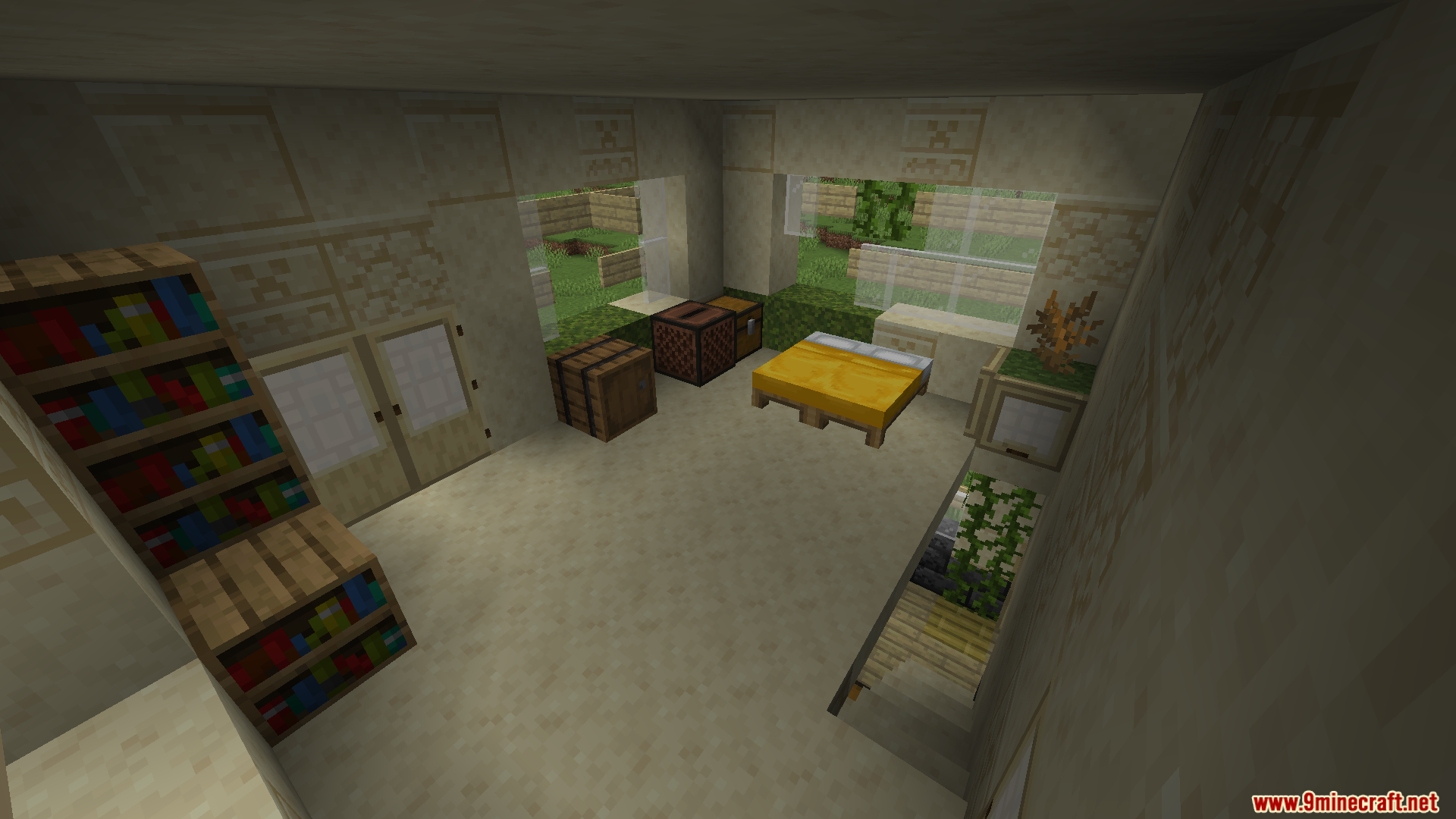 The interior of the house with a bed and bookshelves