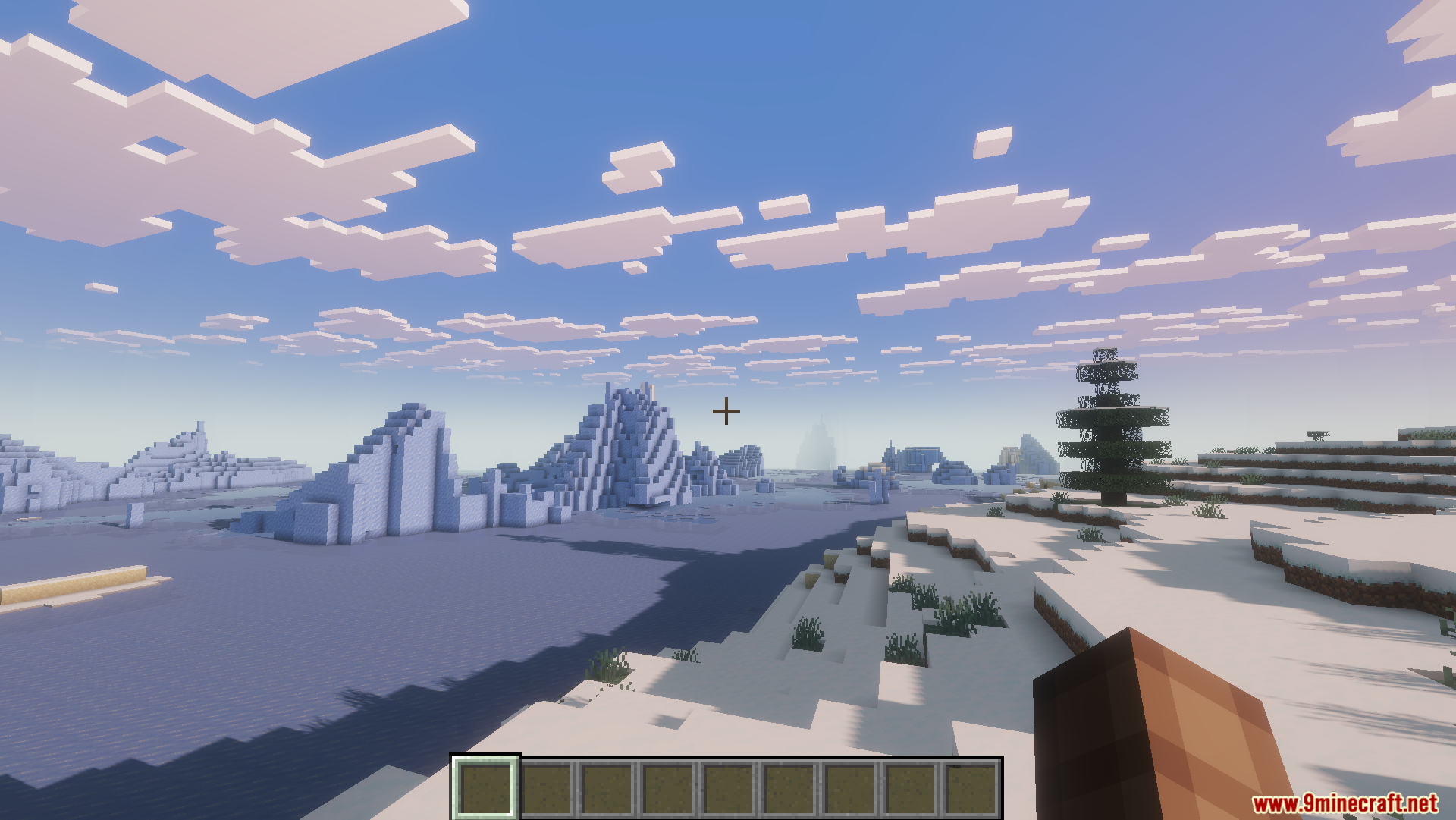 Beryl Mod Screenshot 1 First person view of a snowy biome with icebergs and enhanced lighting