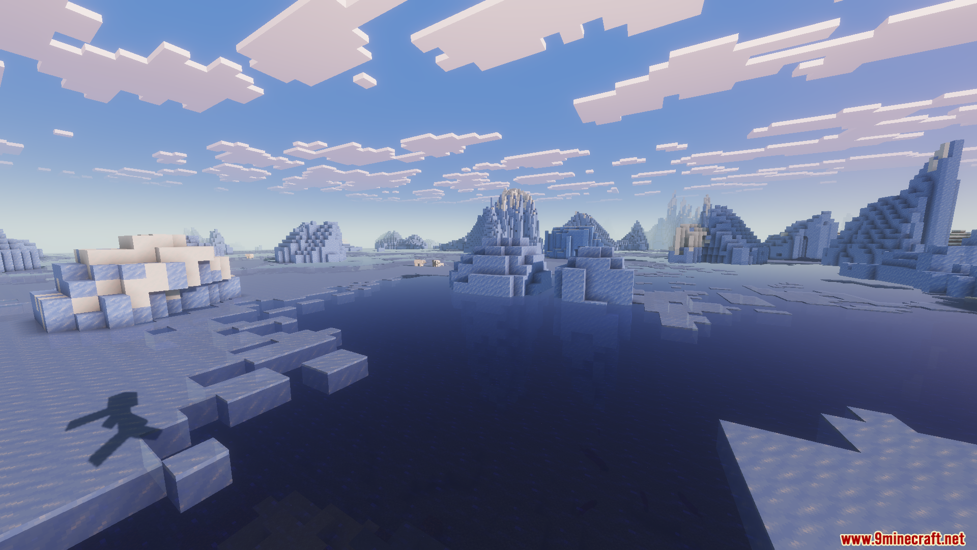 Beryl Mod Screenshot 3 Player shadow running across a frozen ocean with enhanced water and lighting