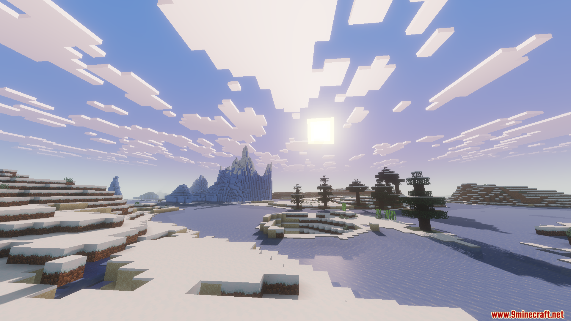 Beryl Mod Screenshot 4 Bright sun shining over a snowy landscape with a frozen river and trees