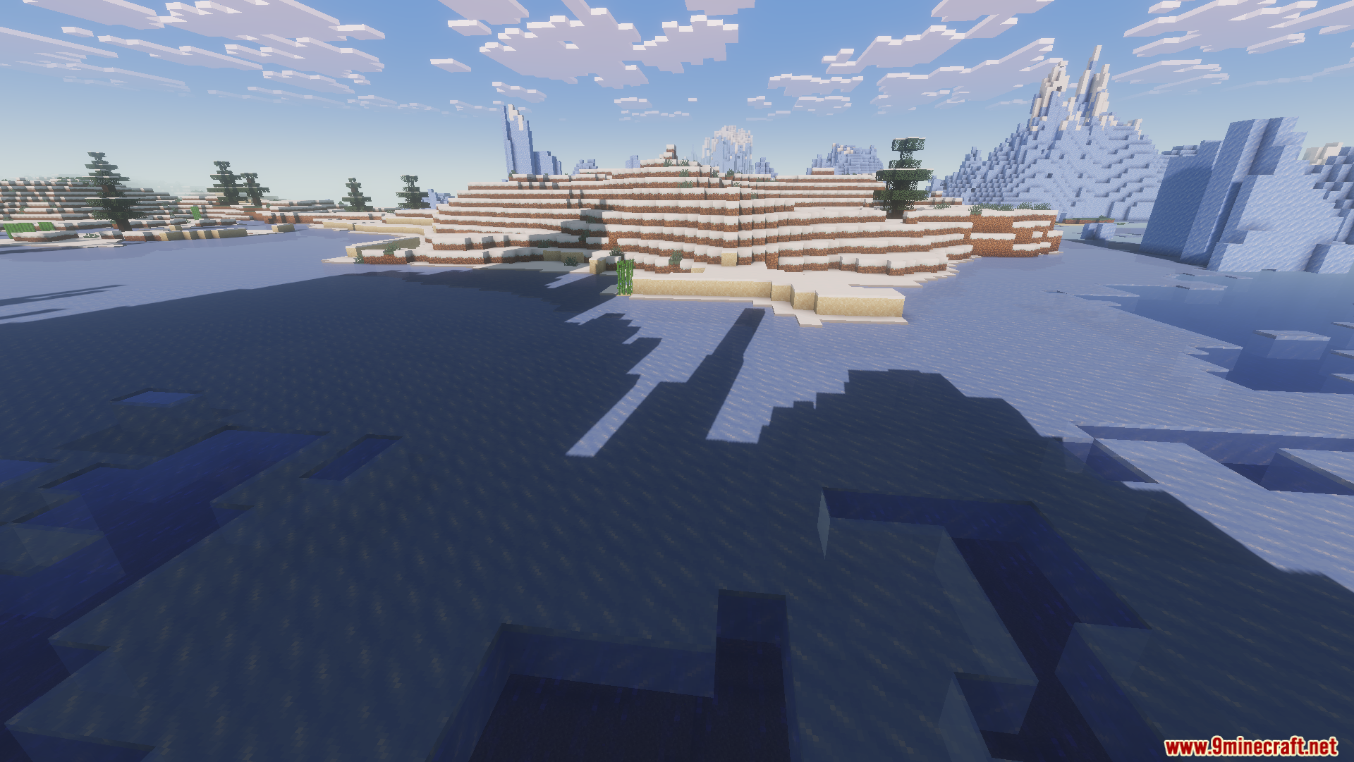 Beryl Mod Screenshot 6 Frozen water surface reflecting light near a snowy island with ice spikes