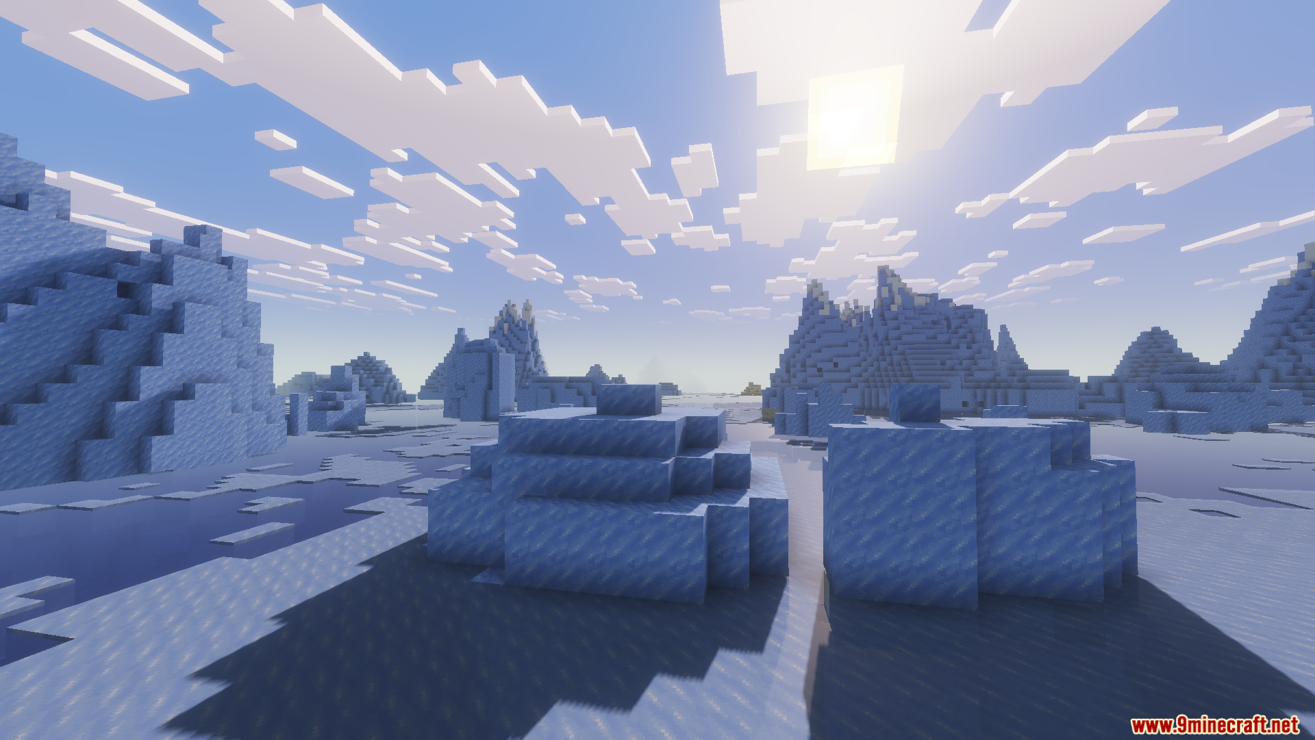 Beryl Mod Screenshot 8 Ice blocks casting realistic shadows in a frozen ocean biome under bright sunlight