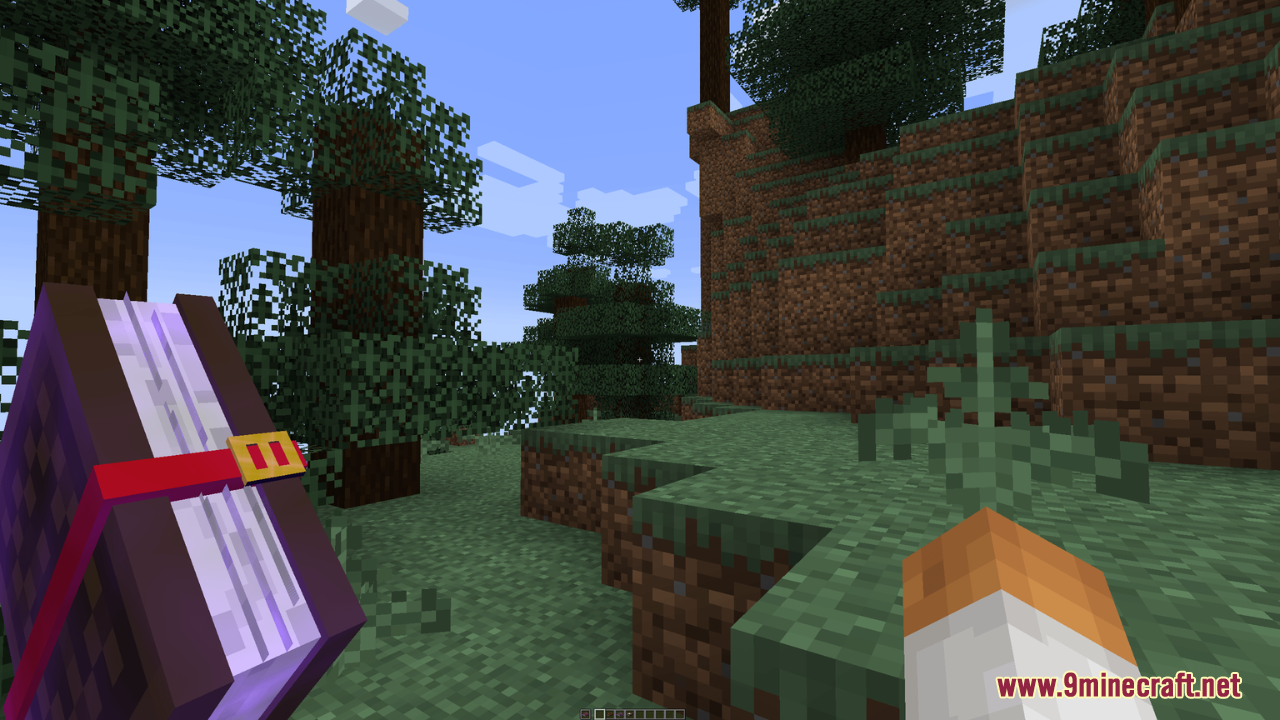 Better Books Resource Pack Screenshot 1 Player holding a thick 3D enchanted book in a forest area