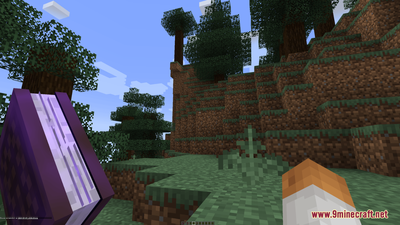Better Books Resource Pack Screenshot 4 Player holding a thick purple enchanted book while standing near a hill