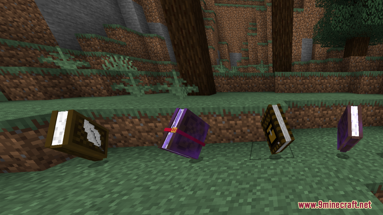 Better Books Resource Pack Screenshot 7 Four thick 3D book models resting on the grassy ground in a forest