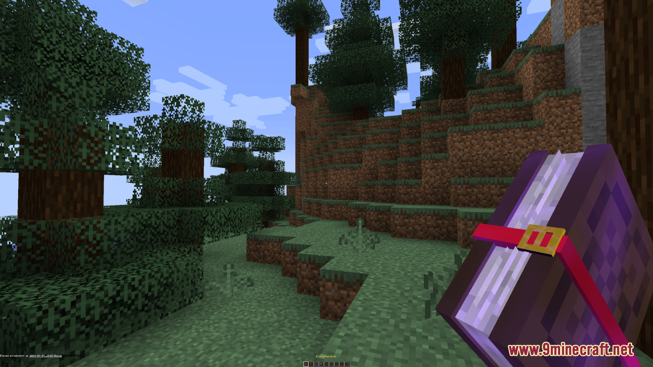 Better Books Resource Pack Screenshot 8 Player holding a thick 3D purple enchanted book in a forest landscape