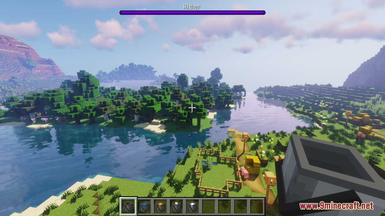 Better Bucket 3D Resource Pack Screenshot 1 First person view holding a 3D bucket with other buckets in the hotbar