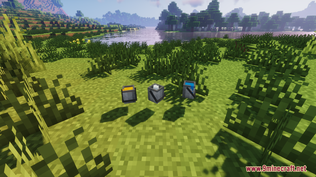 Better Bucket 3D Resource Pack Screenshot 10 Dropped 3D models of lava powder snow and water buckets on grass