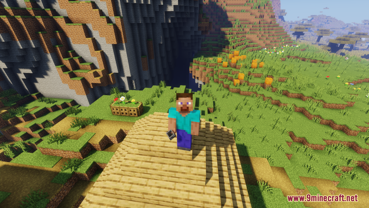 Better Bucket 3D Resource Pack Screenshot 2 Player character Steve holding a 3D bucket while standing in a grassy landscape