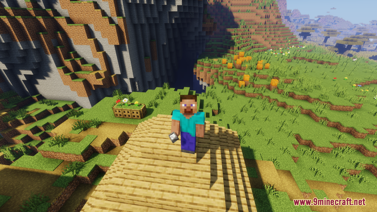 Better Bucket 3D Resource Pack Screenshot 5 Minecraft player holding a 3D empty bucket while standing on wooden planks