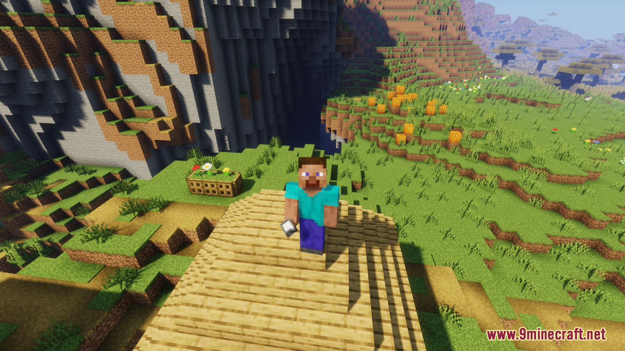 Better Bucket 3D Resource Pack Screenshot 6 Steve character holding a custom 3D bucket item in a grassy biome