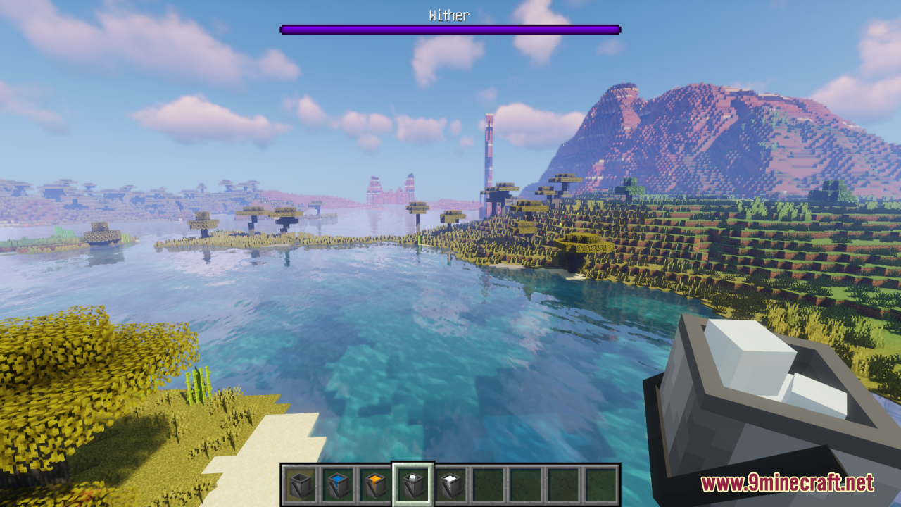 Better Bucket 3D Resource Pack Screenshot 8 Player holding a 3D powder snow bucket near a savanna biome river
