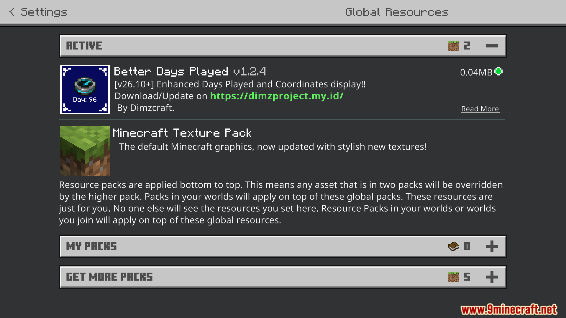 Activating the resource pack from the global resources settings menu