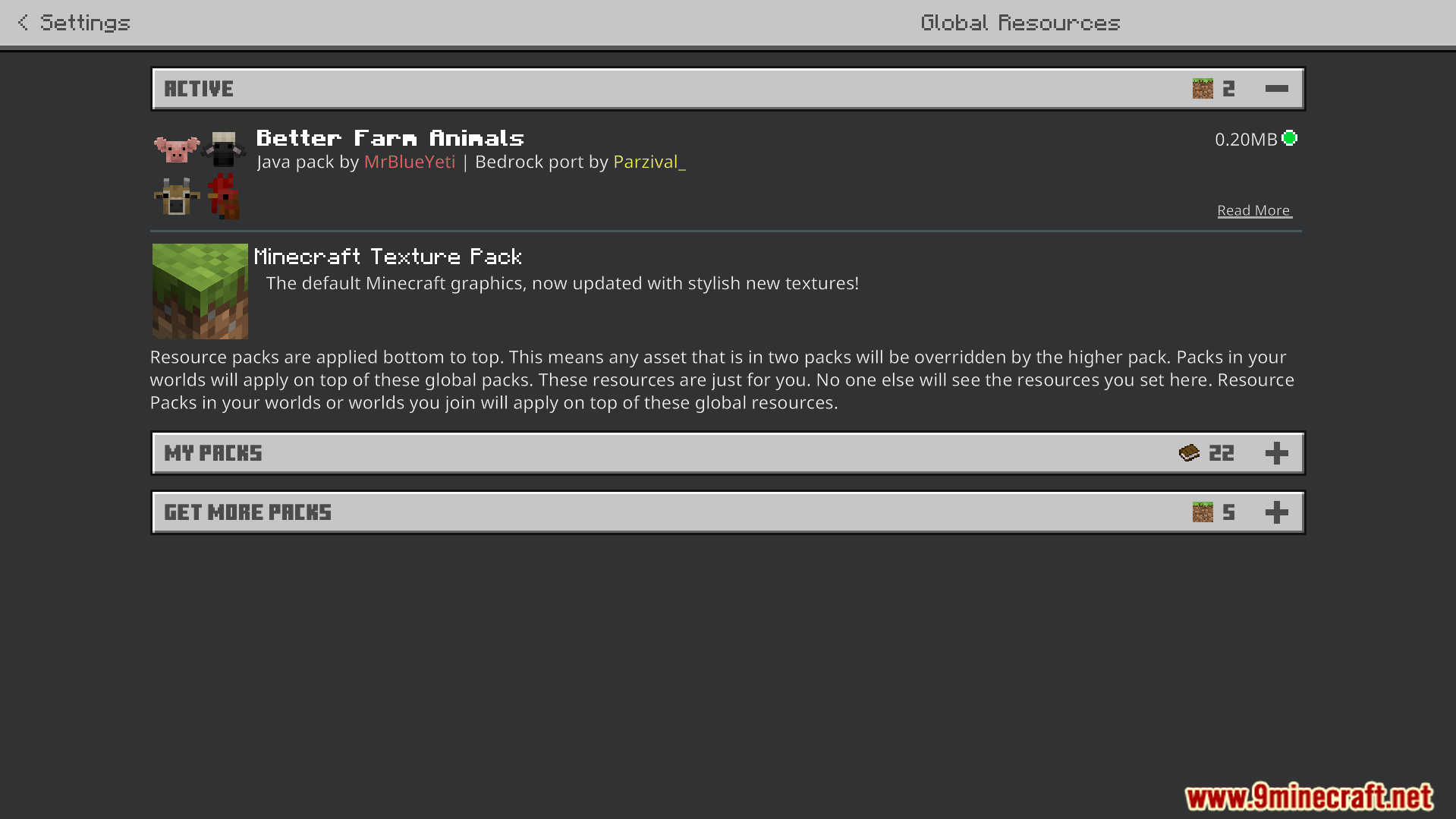 Better Farm Animals Texture Pack Screenshot 1 minecraft settings menu showing the active better farm animals texture pack