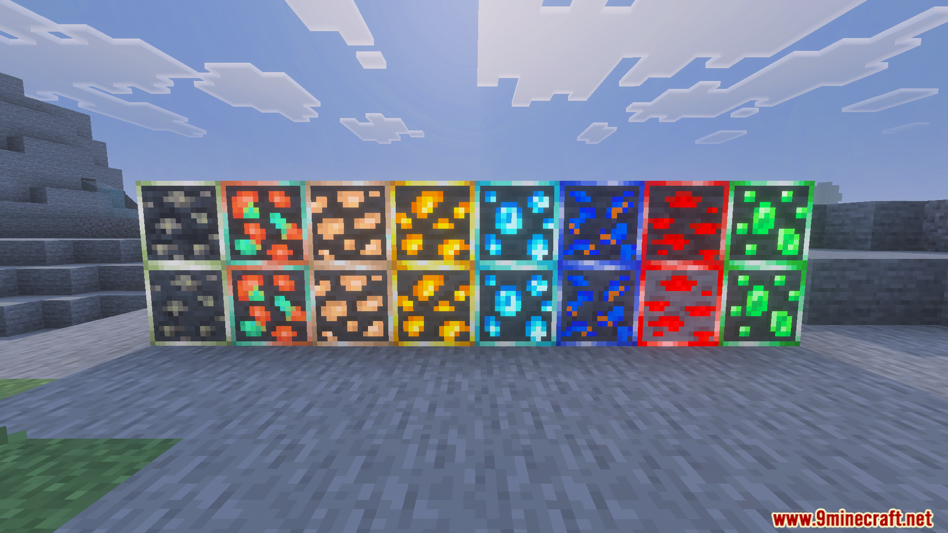 Various glowing ore blocks displayed in a row