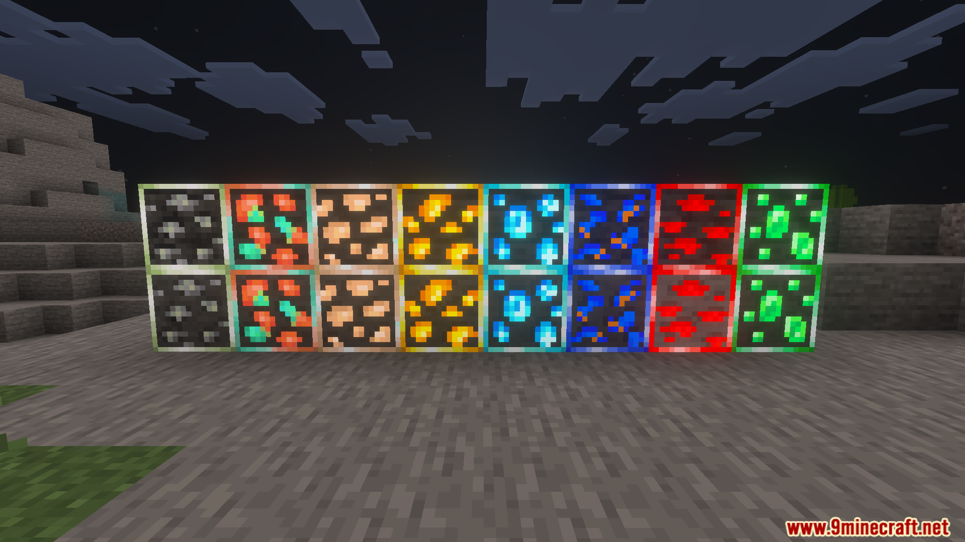 Row of different glowing ore blocks shining brightly in the dark