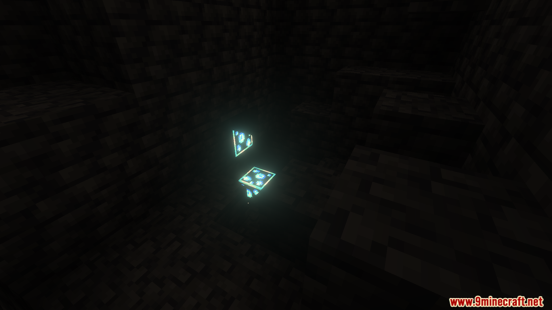 Glowing diamond ores in a dark cave environment