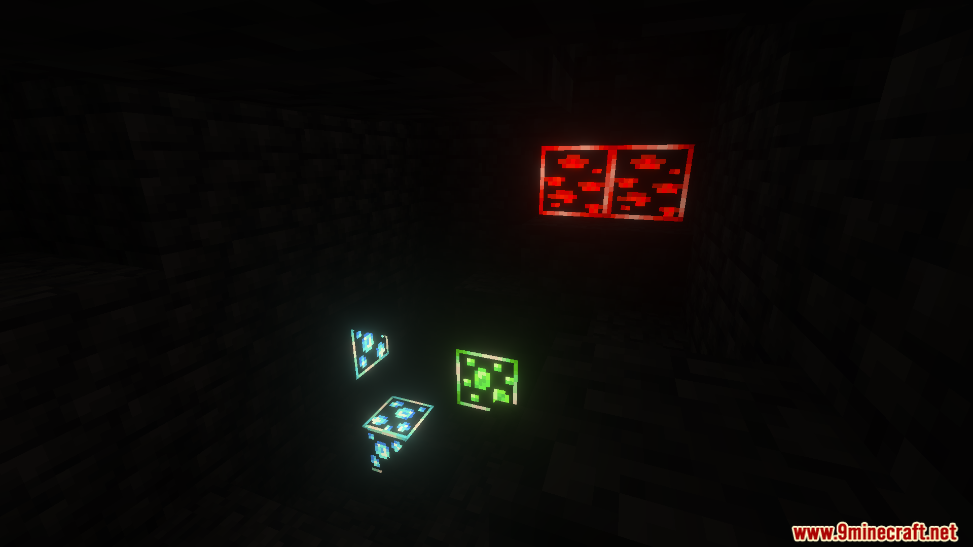 Glowing diamond emerald and redstone ores in a dark cave