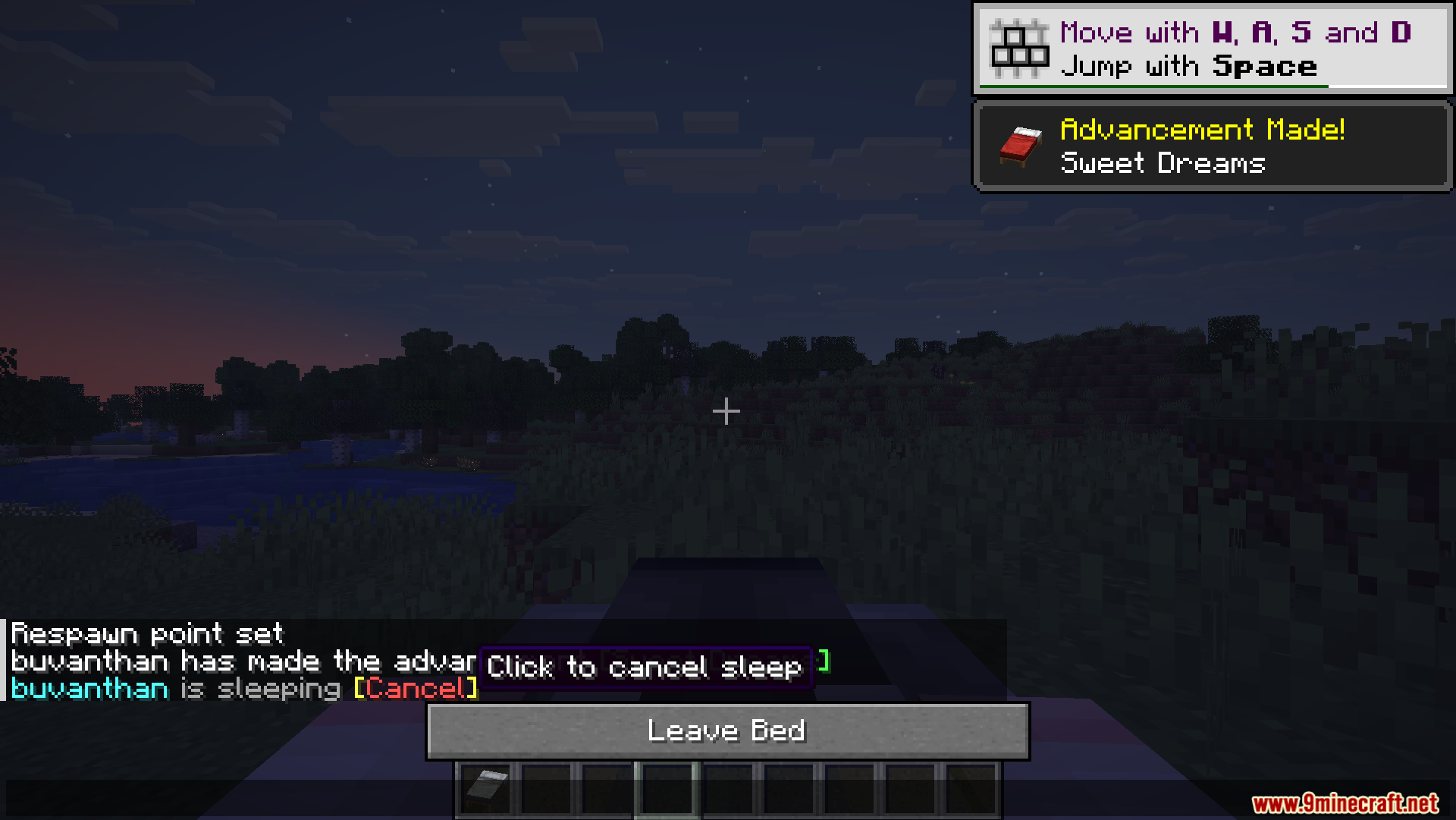 Player sleeps in bed, triggering a cancel option in chat