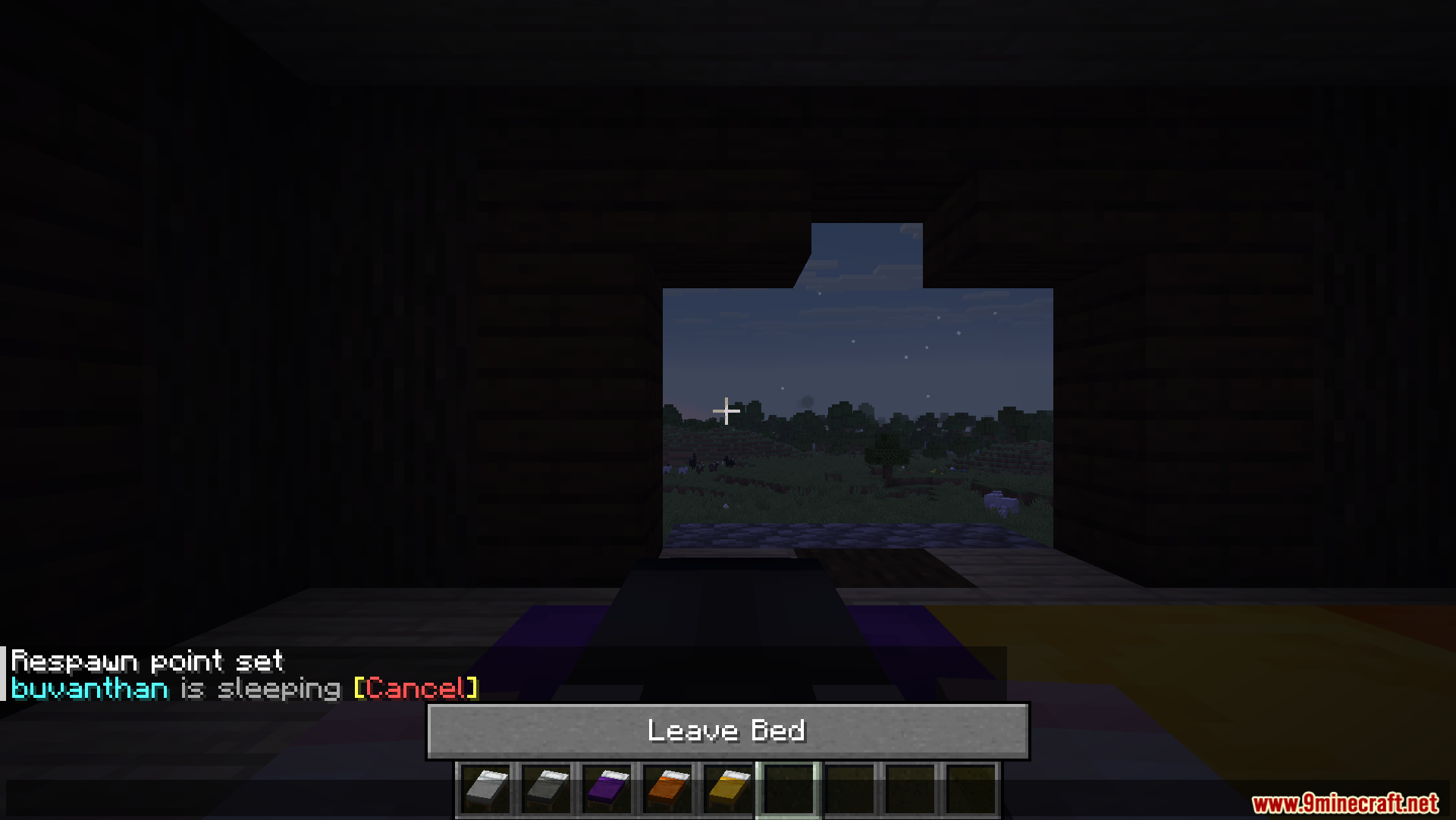 Player sleeping in bed with a cancel option in chat