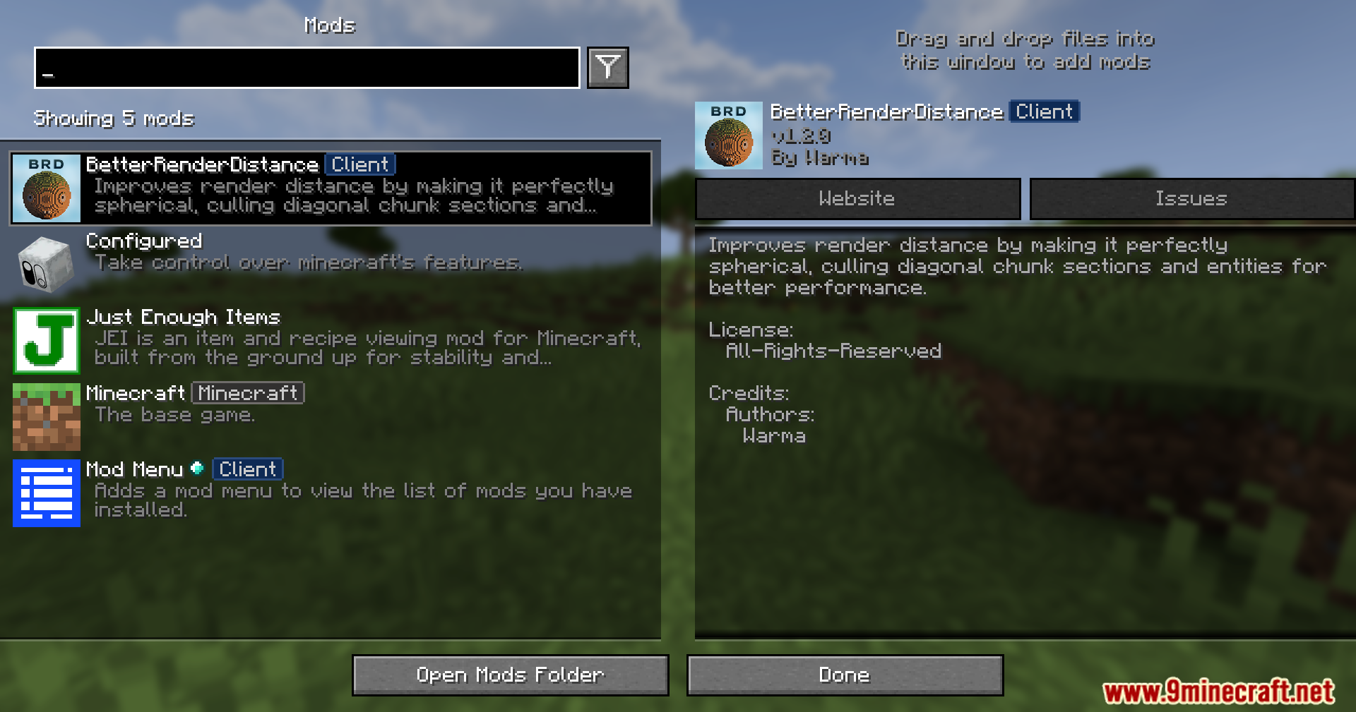 BetterRenderDistance mod settings in the Minecraft mods menu