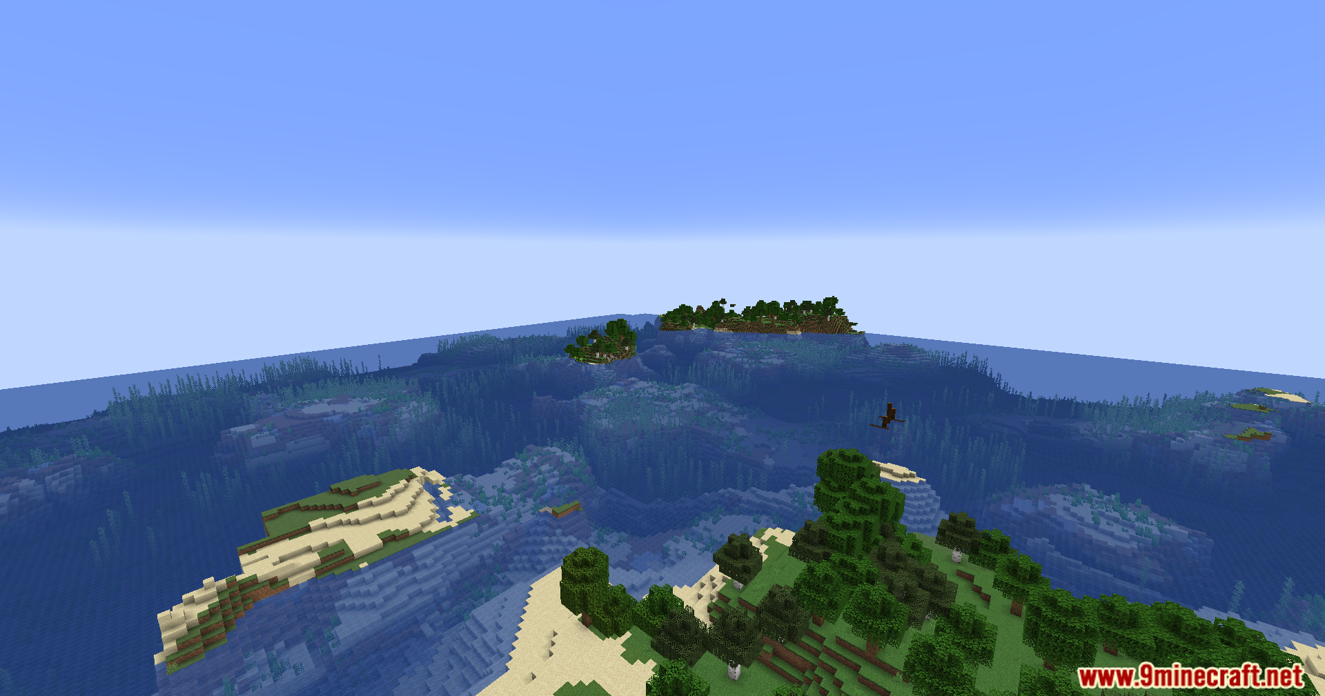 Vast ocean with distant islands seen from a high altitude