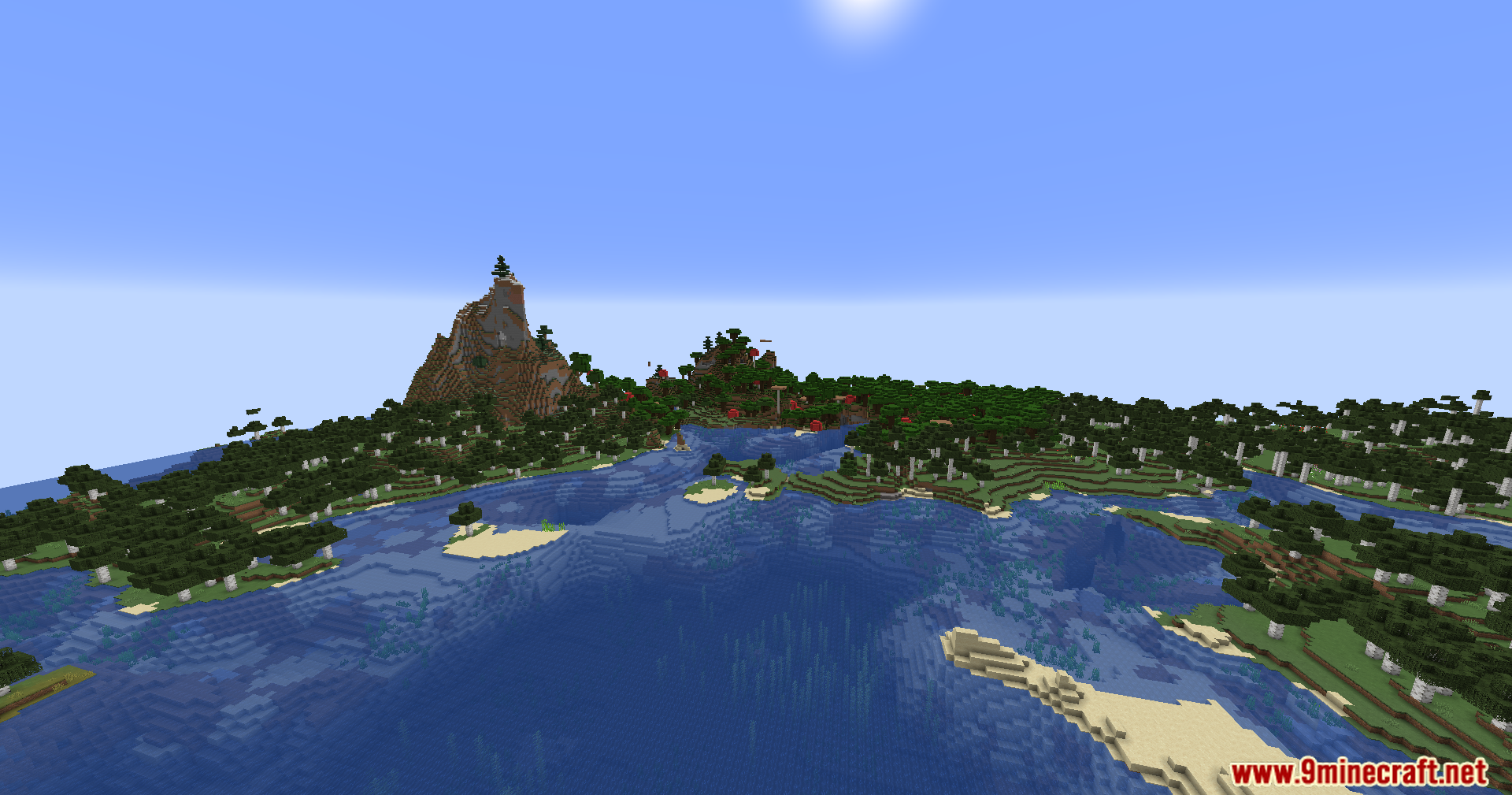 Vast ocean landscape with islands and a mountain