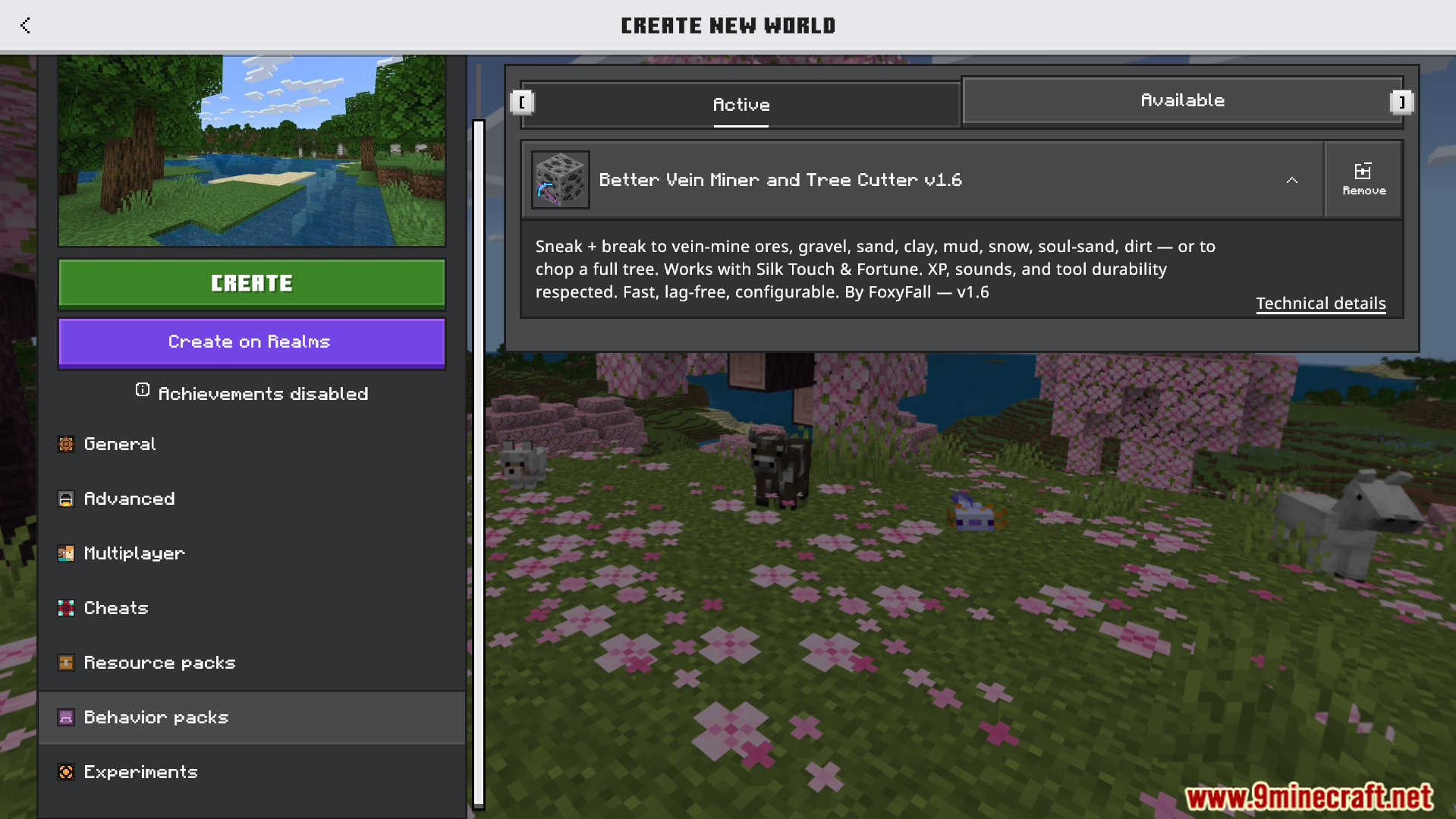 Better Vein Miner and Tree Cutter Addon Screenshot 1 world creation menu showing the active better vein miner and tree cutter addon