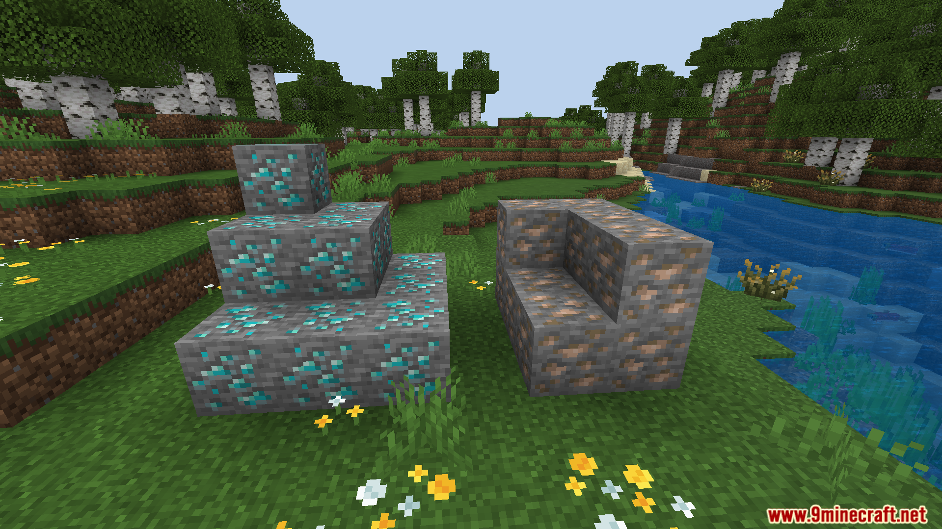 Better Vein Miner and Tree Cutter Addon Screenshot 4 connected diamond and iron ores placed on grass to mine automatically when sneaking