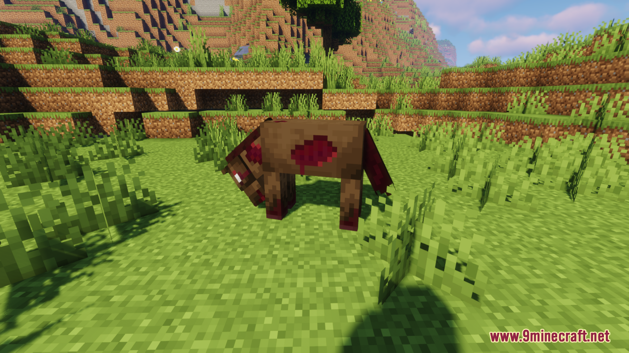 A retextured zombie horse grazes in a grassy field