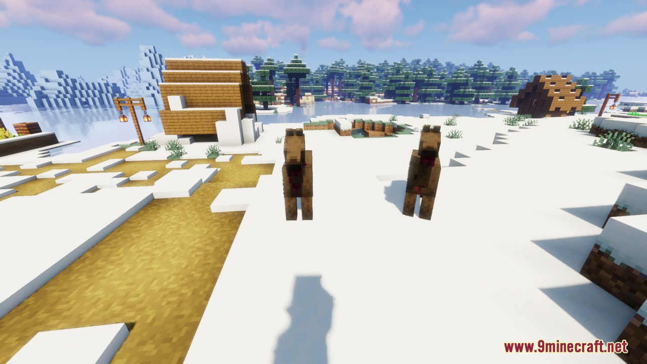 Two retextured zombie horses standing in a snowy village