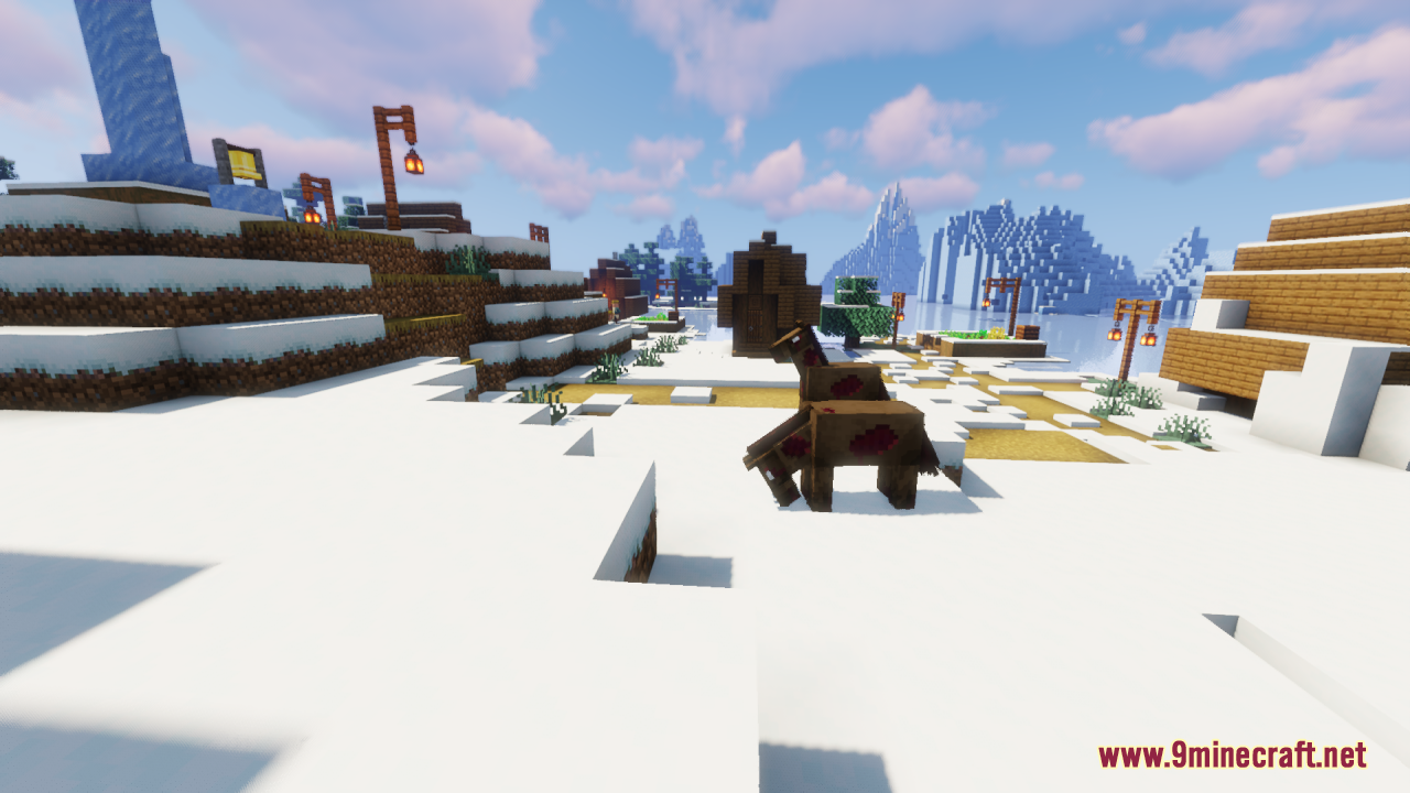 A detailed zombie horse in a snowy village landscape