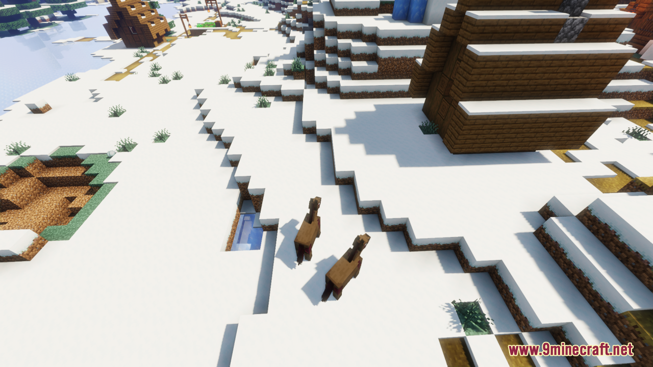 Two zombie horses walking along a snowy village path
