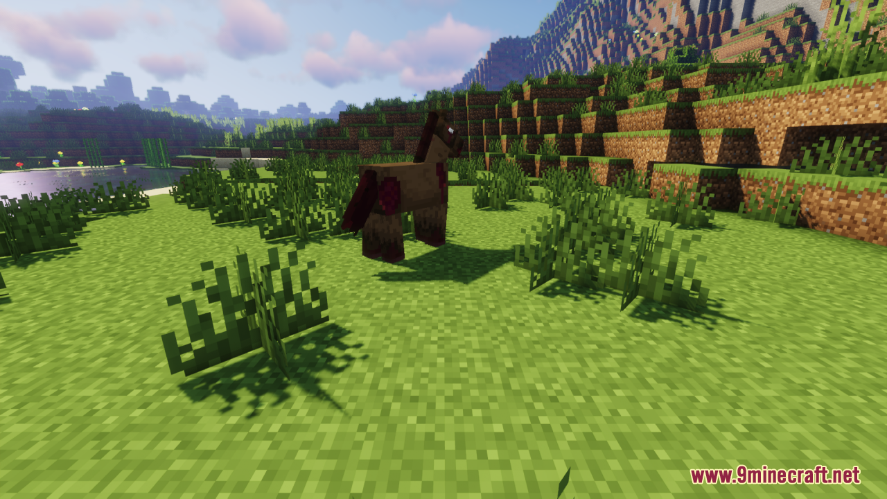 The zombie horse stands in a field of tall grass