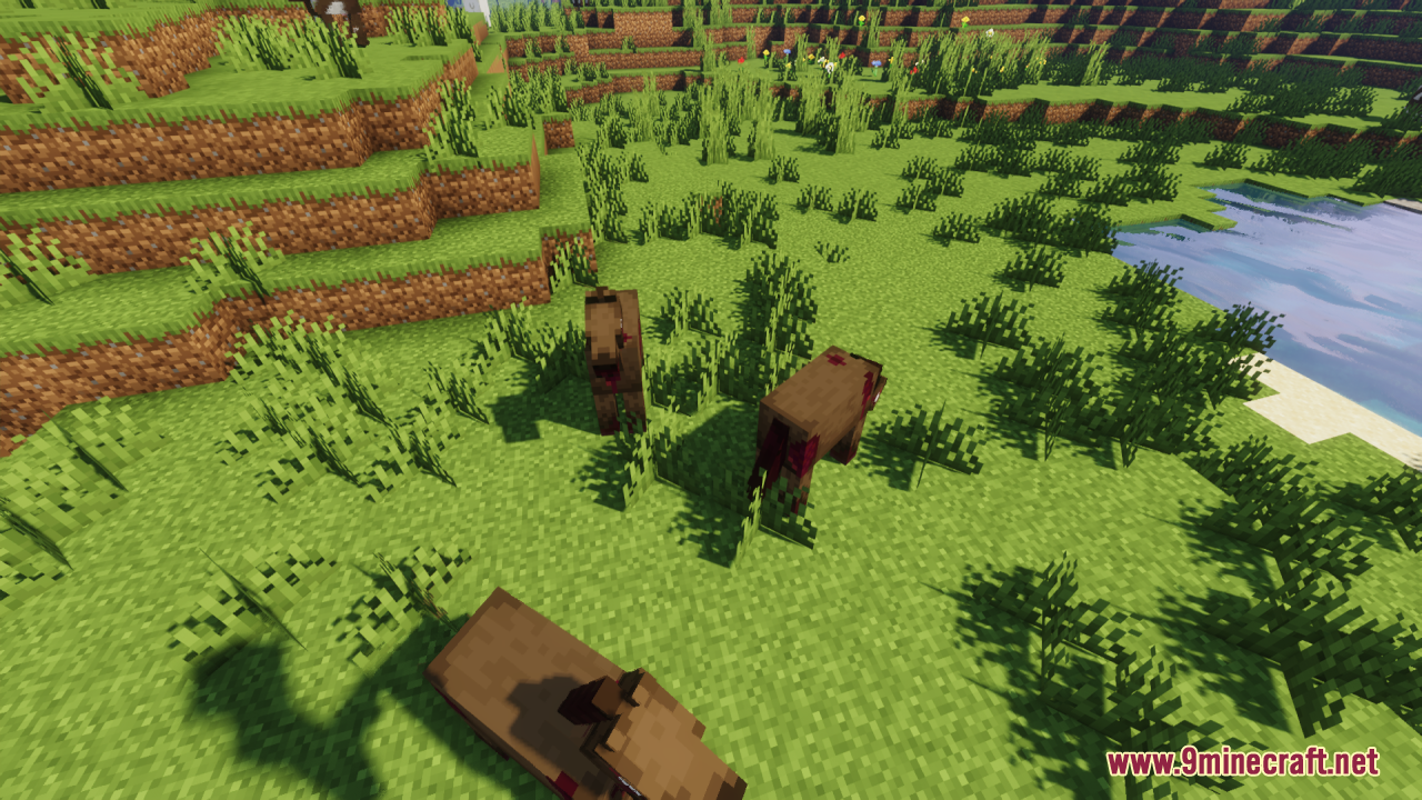 A herd of gory zombie horses in a grassy field