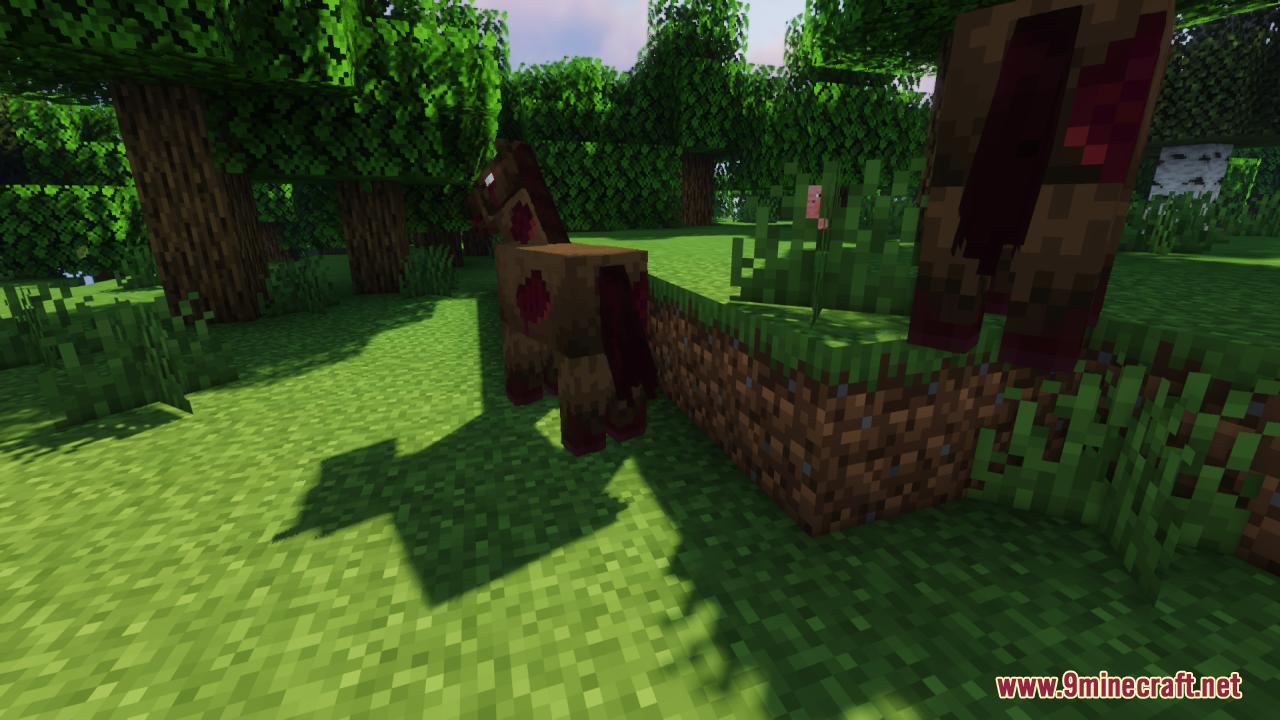 Two retextured zombie horses wandering through a sunlit forest