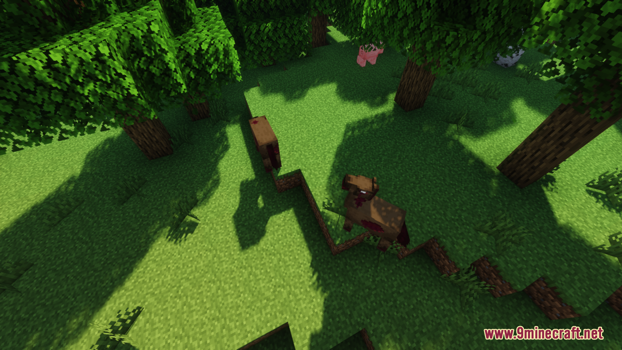 Zombie horses roaming through a lush green forest