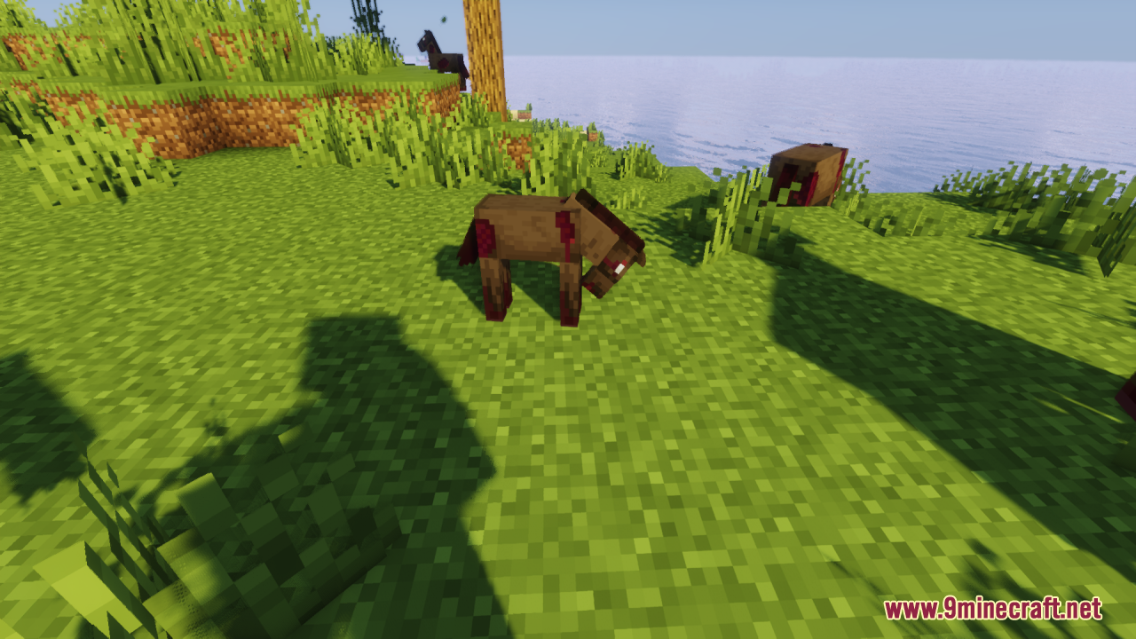 A zombie horse with bloody patches grazing on grass