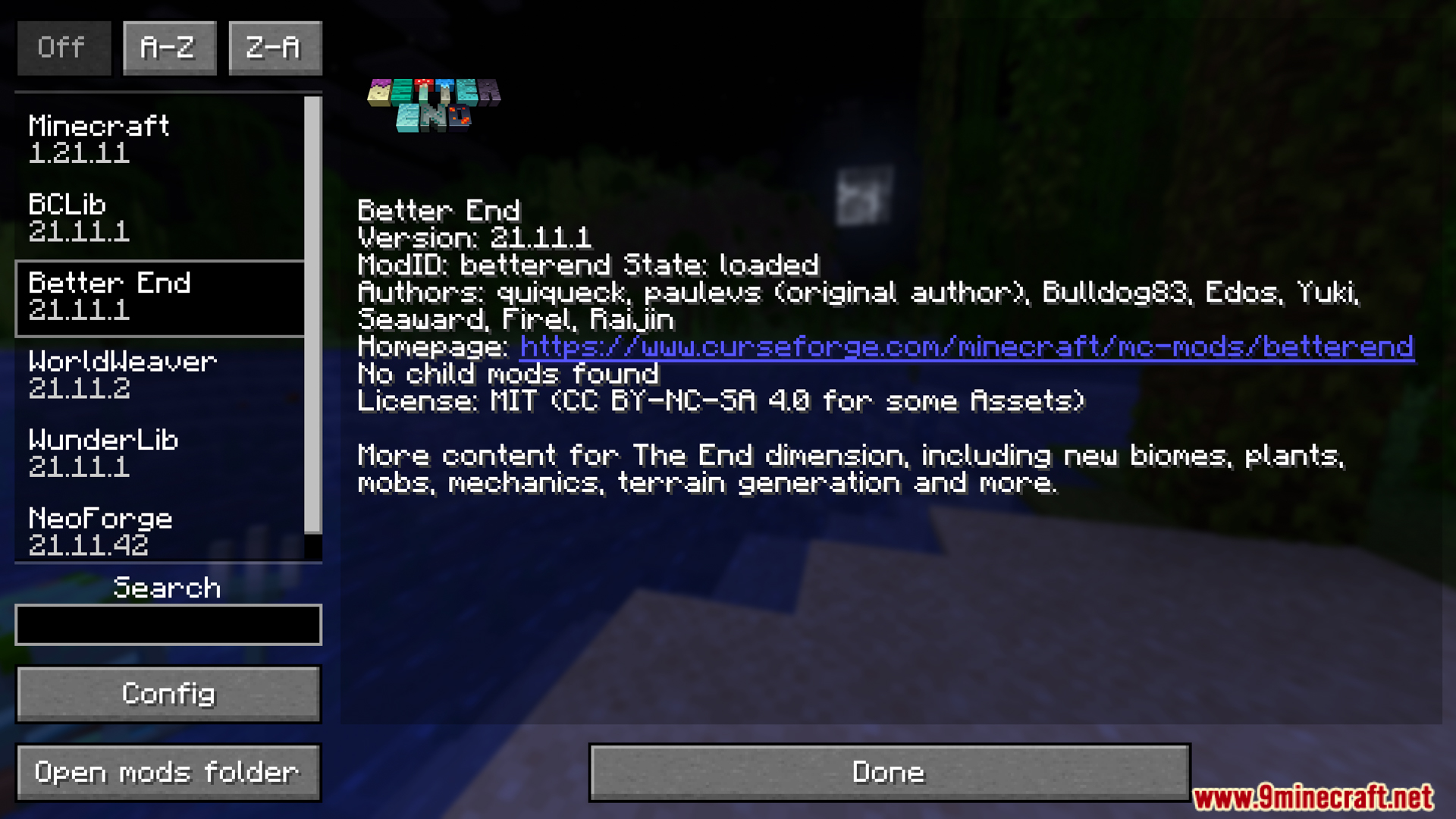 Mod information screen for the Better End mod