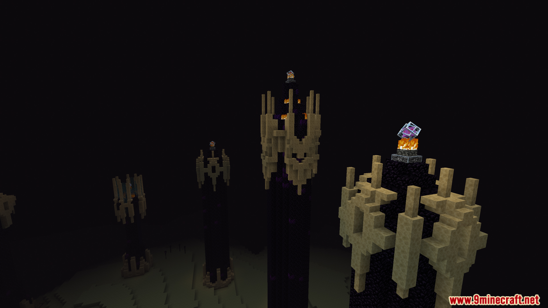 Modified obsidian pillars with bone structures in the End