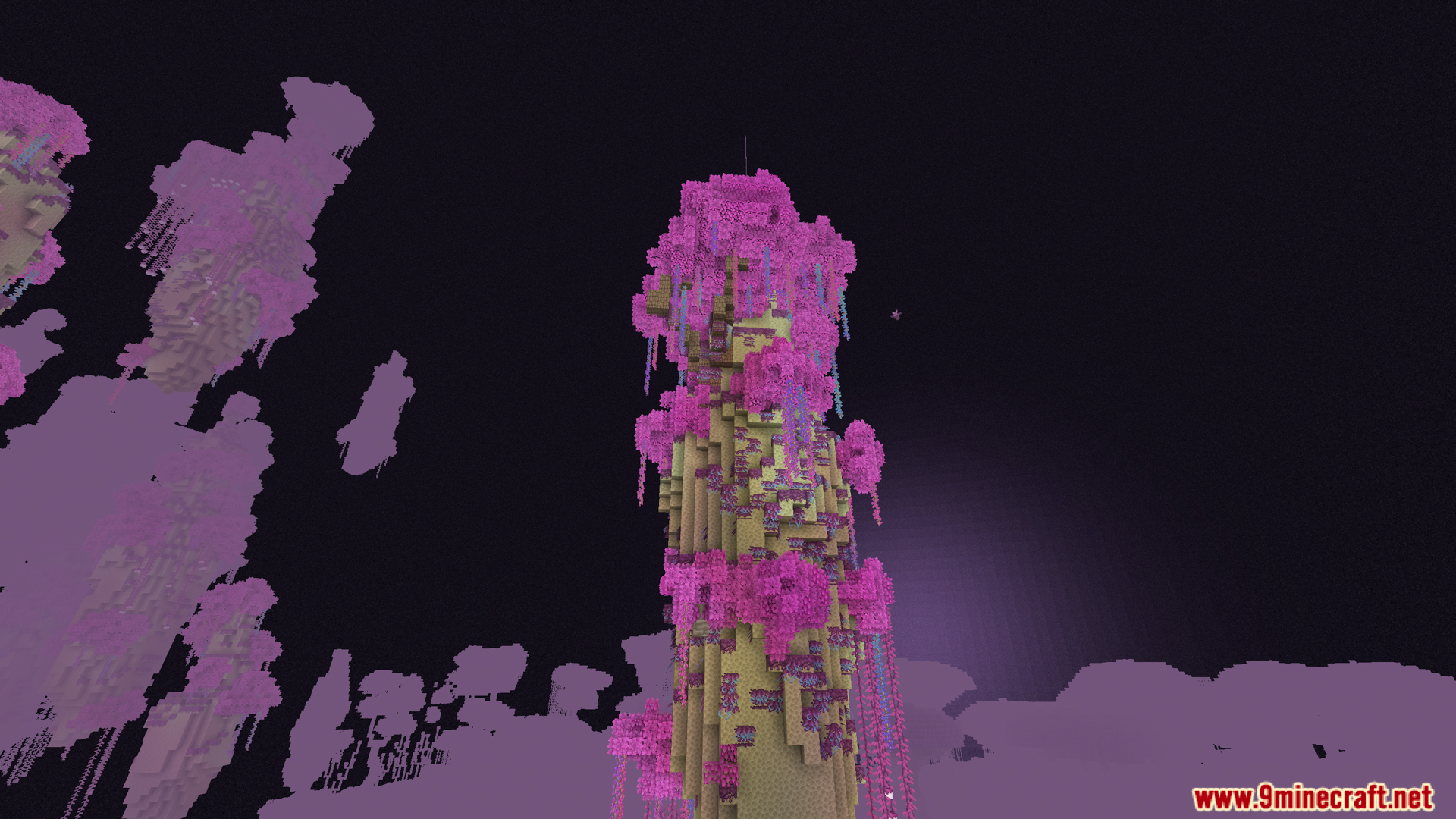 A tall End island with large pink trees