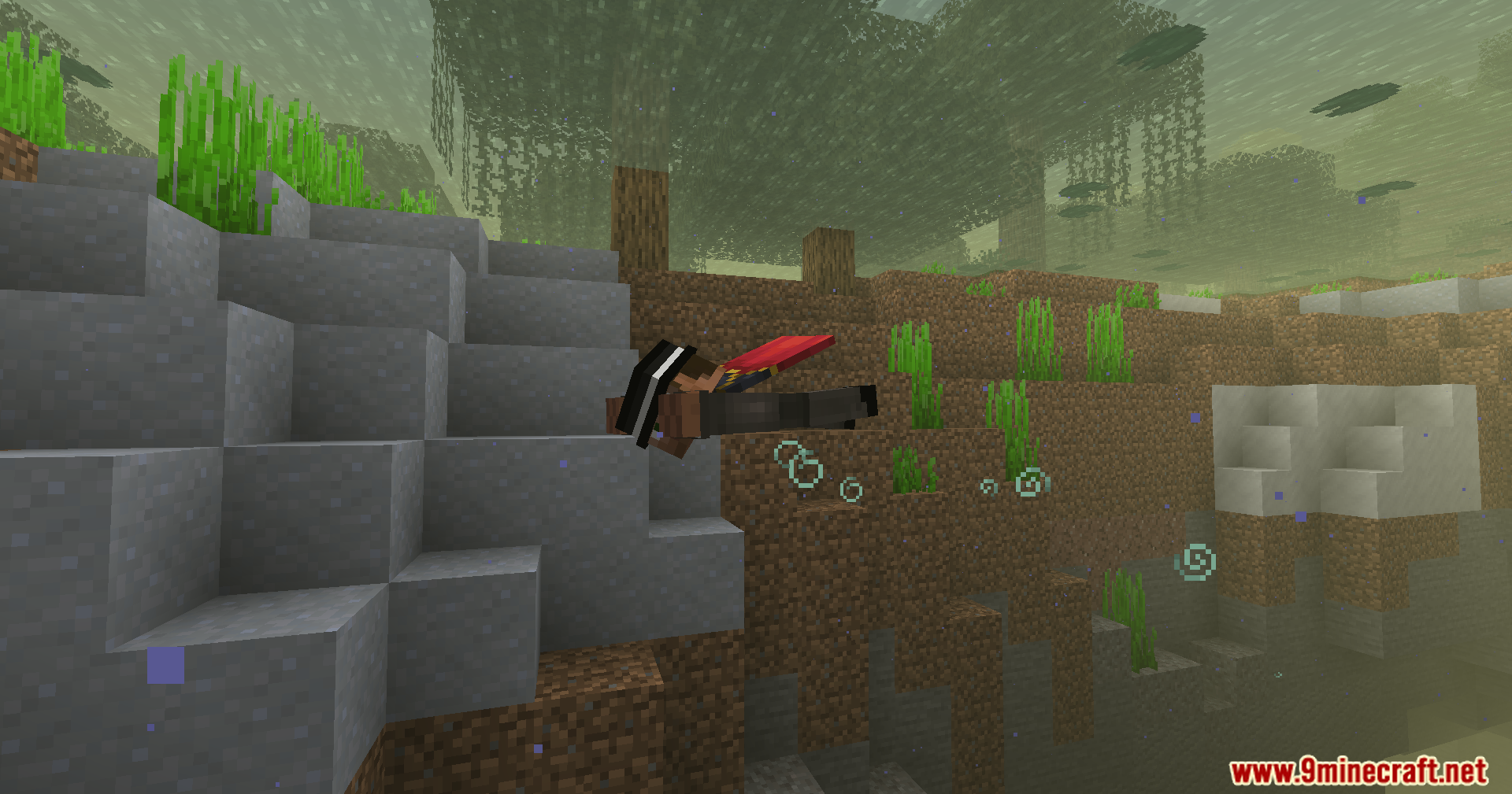 Beyond Oxygen Fix Mod Screenshot 11 Player swimming alongside a sloped underwater dirt bank